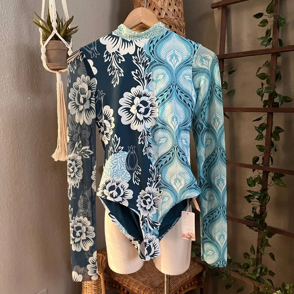 Agua Bendita Navy & Light Blue Floral Long-Sleeve One-Piece